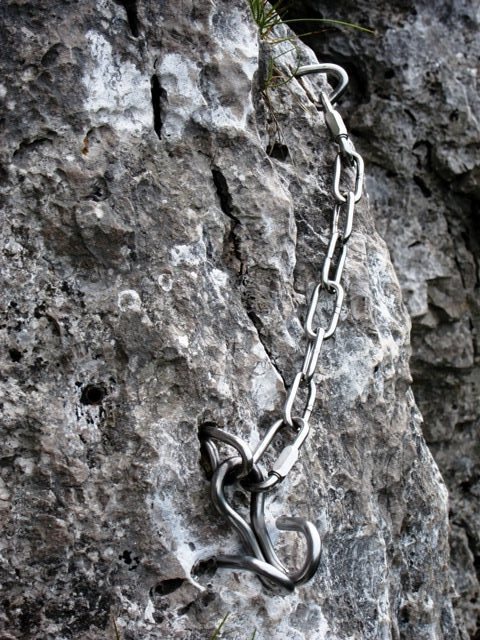 Two glue-in bolts are connected by chains to a single rams horn